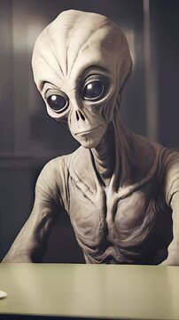 Grey extraterrestrial sitting motionless, studying surrounding environment with penetrating gaze, representing enigmatic cosmic intelligence within confined interior setting