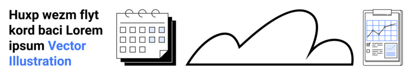 Calendar, abstract cloud, clipboard with a chart. Ideal for productivity, data analytics, scheduling, organization, cloud storage, timelines simple landing page