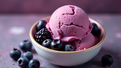 A bowl of creamy berry ice cream is surrounded by fresh blackberries and blueberries, set against a soft purple background
