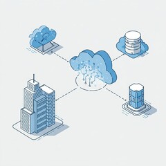 Modern Office Buildings Cloud Data Streams High-Tech Minimal Illustration