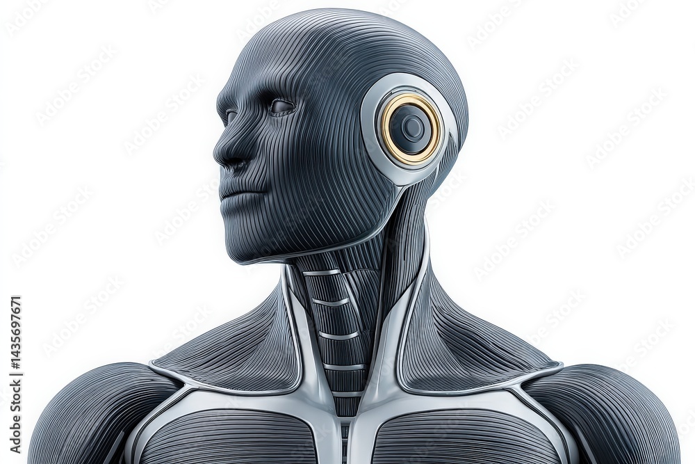 Poster robotic male head and upper torso with synthetic skin chrome texture embedded sensors futuristic cyb