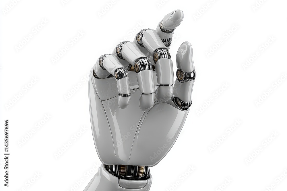 Poster robotic hand made from metal alloy reaching in expressive gesture on white background showcasing adv