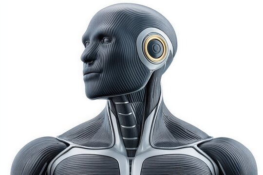 Robotic male head and upper torso with synthetic skin chrome texture embedded sensors futuristic cybernetic organism close up profile in white background - Powered by Adobe