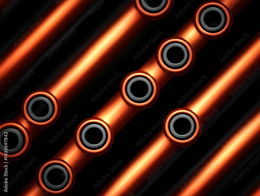 Aufkleber repeating red cylinders and black background visualizing flow of high energy current and futuristic 