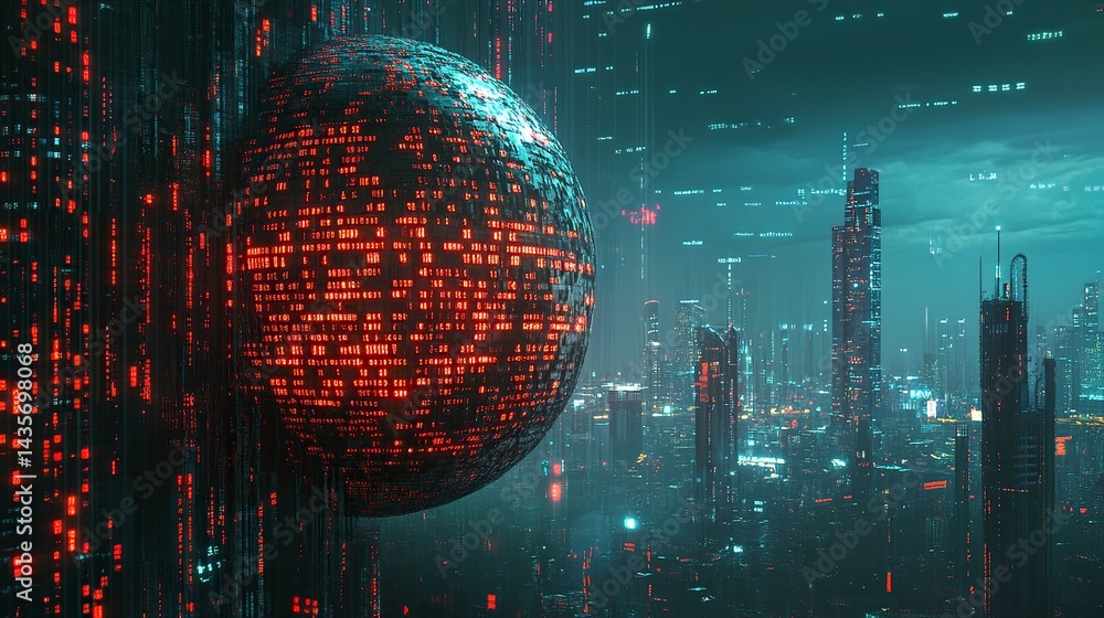 Poster digital globe with binary code and city skyline background, technology concept for global business o