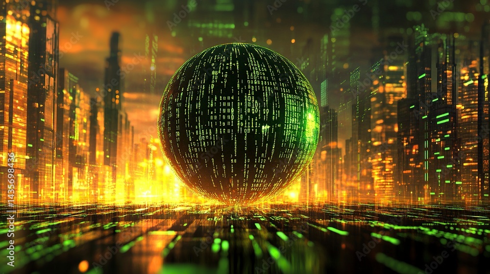 Poster digital globe with binary code and city skyline background, technology concept for global business o