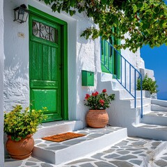 Naklejka premium Whitewashed House with Vibrant Green Door and Red Flowers