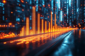 Futuristic cityscape with data visualization and network connection in digital metaverse