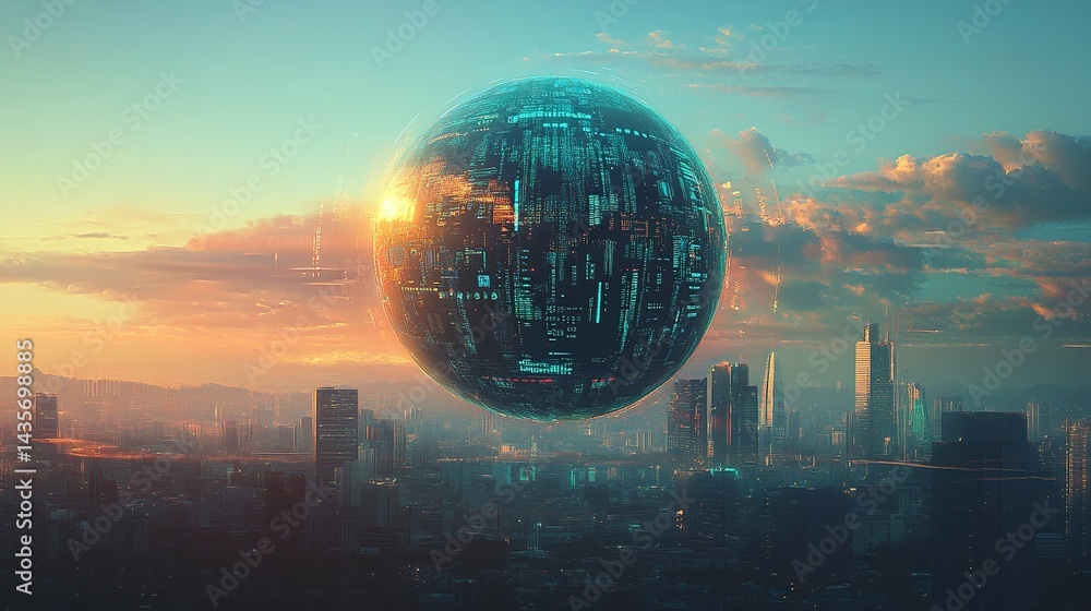 Poster digital globe with binary code and city skyline background, technology concept for global business o