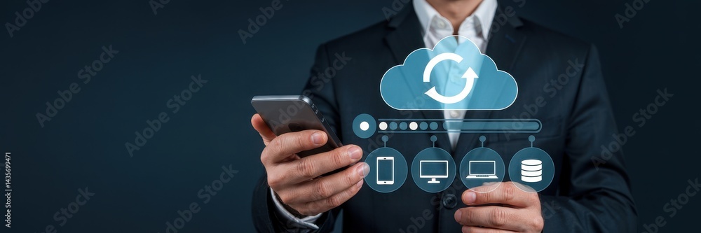 Poster businessperson interacting with a cloud computing system.