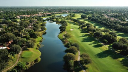Aerial View of Florida Golf Course: Scenic Flyover of Golfing Fairways and Lush Greens