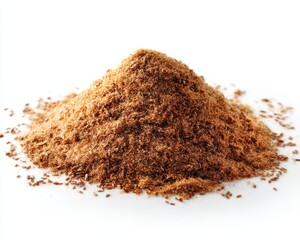 Closeup of Natural Ground Flax Fiber Powder on White Background for Healthy Dietary Use