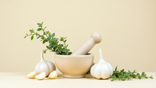 A mortar and pestle with garlic bulbs and herbs, representing a key ingredient for cooking a meal based on Mediterranean Diet principles.
