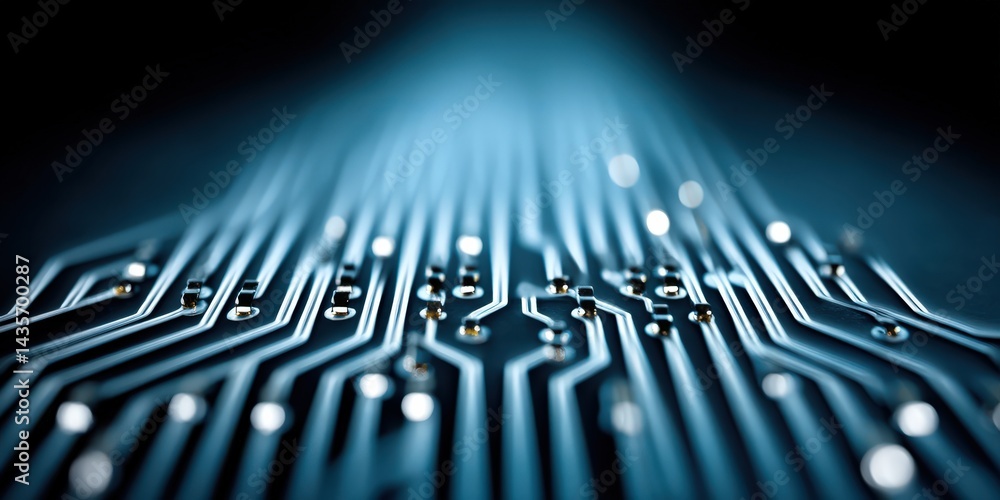 Poster glowing blue circuit paths moving forward in linear symmetry over black surface representing digital