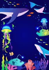 Marine frame. Underwater world. World oceans day. Vector cartoon illustration.