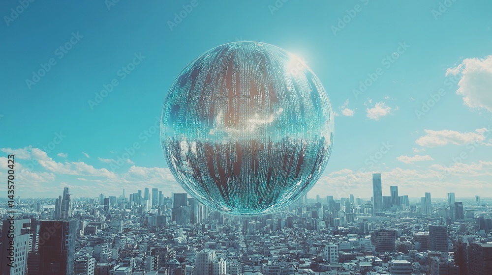 Poster digital globe with data and information on a background of a cityscape, a technology concept. digita