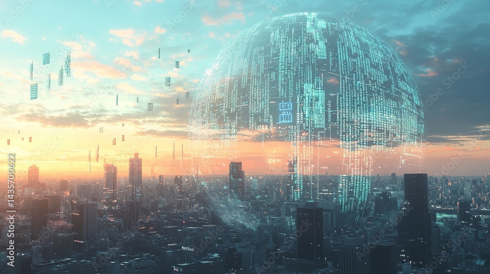 Poster digital globe with data and information on a background of a cityscape, a technology concept. digita