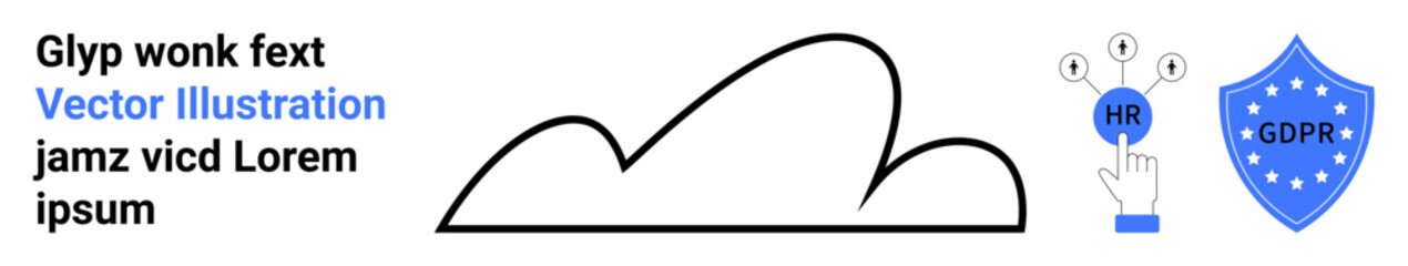 Minimal cloud design alongside blue GDPR protection shield and HR icon with pointing hand. Ideal for data security, privacy policy, HR management, legal compliance, business protection, online