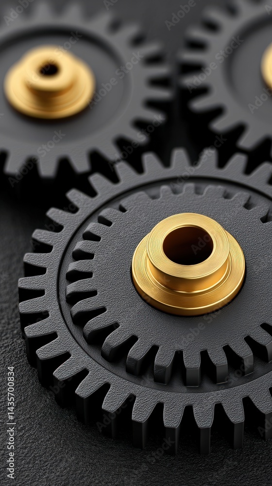 Poster precision gear configuration with gold metal cogs on dark mechanical background highlighting industr