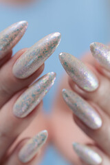 beautiful female hands with long nails light white manicure