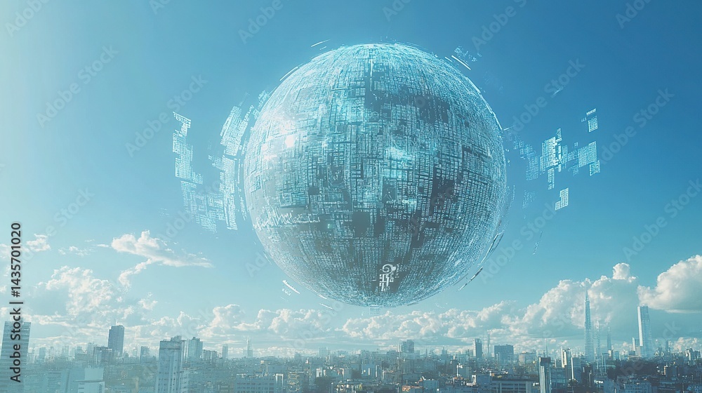 Poster digital globe with data and information on a background of a cityscape, a technology concept. digita