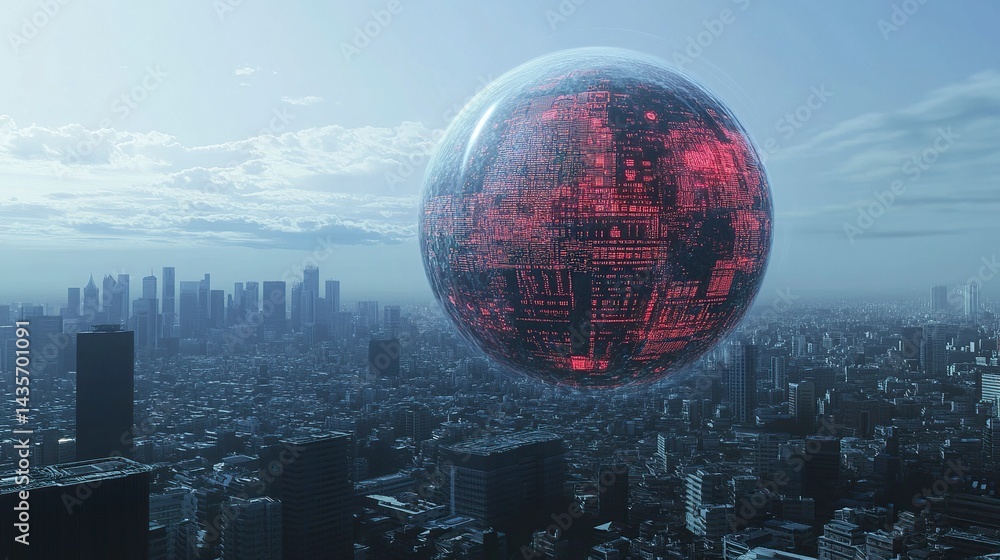 Poster digital globe with data and information on a background of a cityscape, a technology concept. digita