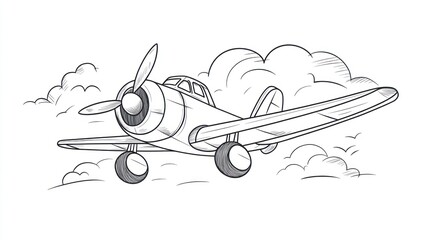 Vintage Airplane in Clouds; Sketch Style Stock Photo