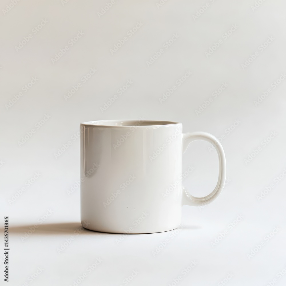 Poster a clean, minimalist white mug sits on a stark white surface, casting a soft shadow. simple design wi