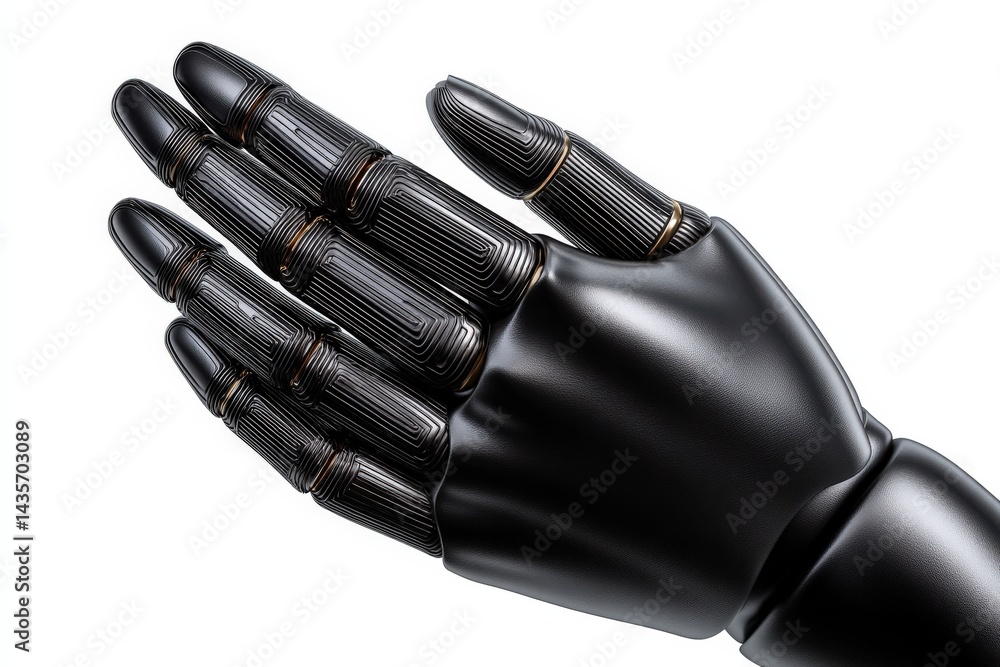 Poster robotic black hand in side view with open palm detailed structure and mechanical fingers under soft 