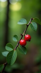 Vibrant red berries with lush green leaves on a branch stand out against a softly blurred natural background