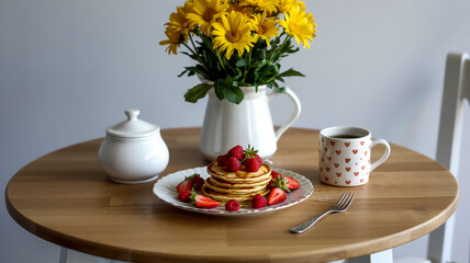 A bright breakfast scene on a round wooden table with a light oak finish