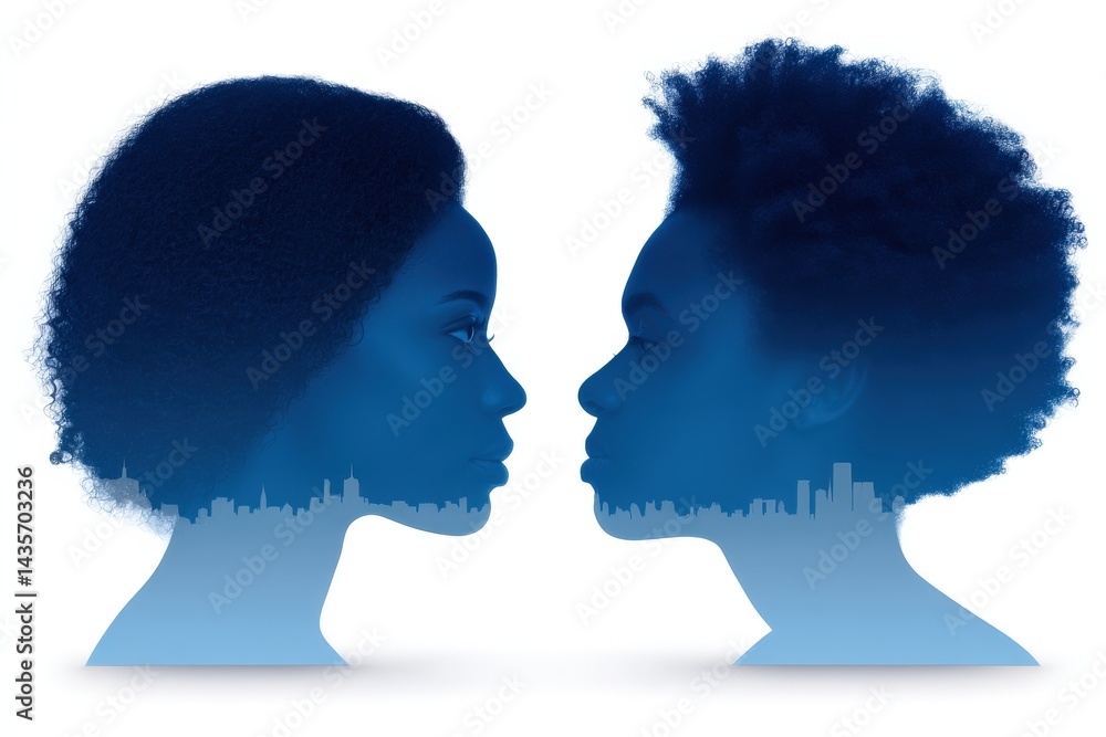 Poster two human heads facing each other composed of blue abstract texture showing mental exchange dialogue