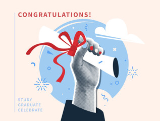 Graduate vector illustration background. Halftone effect student hand hold paper diploma with red bow, raised up. Education graduation congratulation banner. Celebrate class of 2025, cool art design.