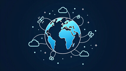 Fototapeta premium Illustrated Earth with Satellite, Clouds, and Connections on Blue