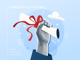 Graduate vector illustration background. Halftone effect student hand hold paper diploma with red bow, raised up. Education graduation congratulation banner. Celebrate class of 2025, cool art design.