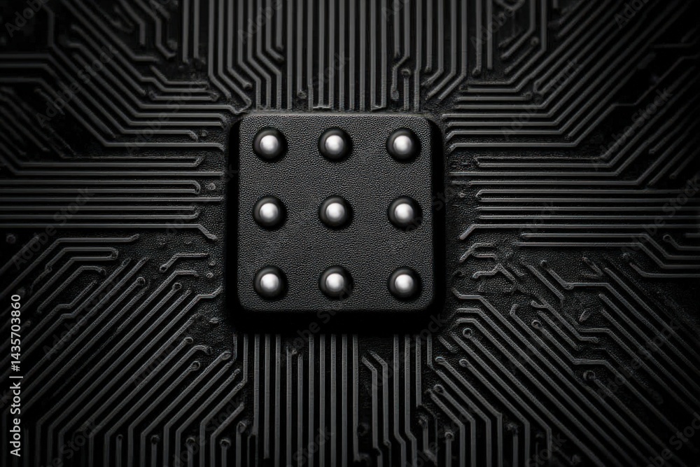 Poster square dark computer processor with multiple connection points over etched circuit texture represent
