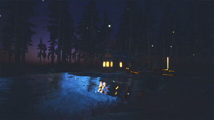 蛍が舞う湖のそばの小さな家_油絵風