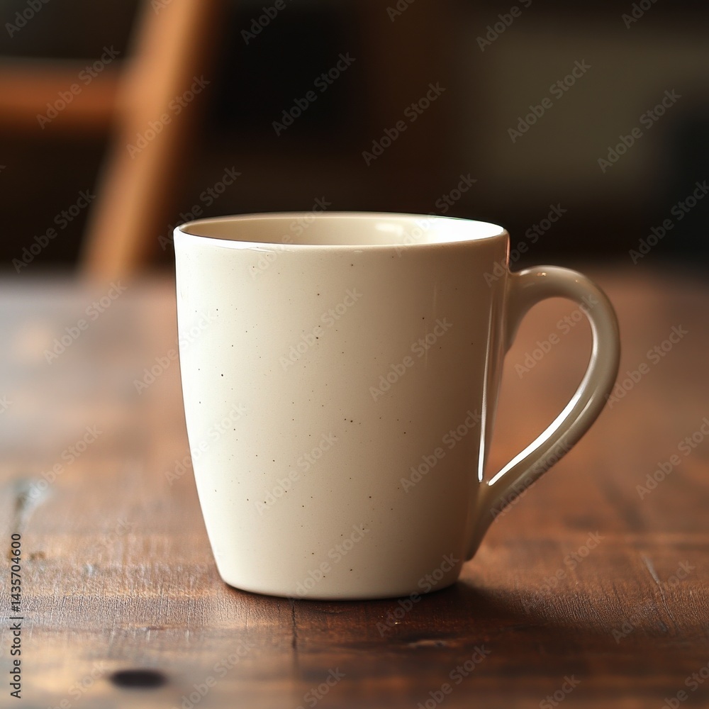 Aufkleber ceramic mug on wooden table. a ceramic mug with subtle speckles sits on a rustic wooden table, invit