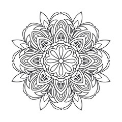 Intricate Mandala Design Black and White Illustration with Symmetrical Floral Pattern and Detailed Line Art for Adult Coloring Books