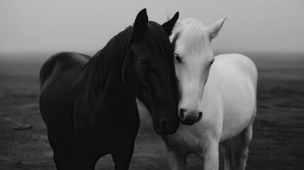 A striking monochrome portrait of two horses, one black and one white, nuzzling closely together in a misty field