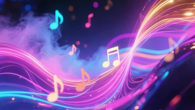 "Retro 80s synthwave, pixelated colorful notes moving over a neon grid, sunset backdrop."