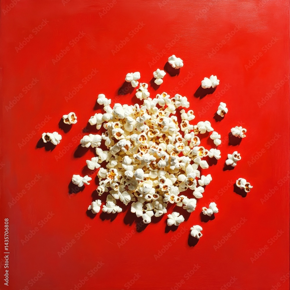 Poster overhead shot of a vibrant red surface scattered with fluffy, white popcorn, casting dramatic shadow
