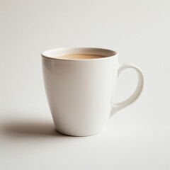 Obraz premium A simple white mug filled with a warm beverage sits on a solid white surface casting a subtle shadow. Clean, minimal, and inviting.