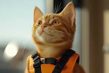 Cute ginger kitten wearing safety harness, looking up,  home interior background. Stock photo for pet supplies, safety, and animal care
