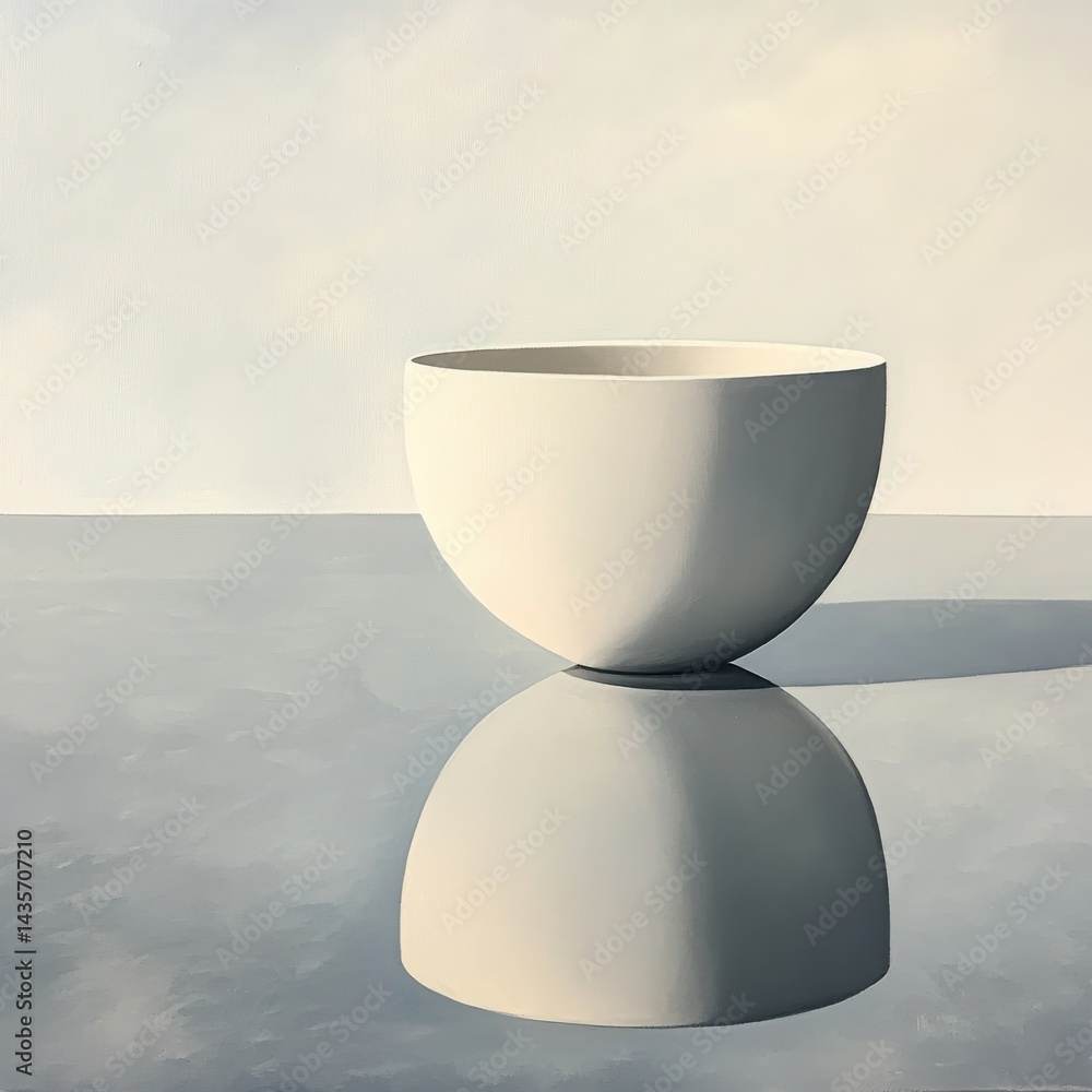 Poster monochrome still life: a minimalist composition of a simple bowl reflecting on a smooth surface agai