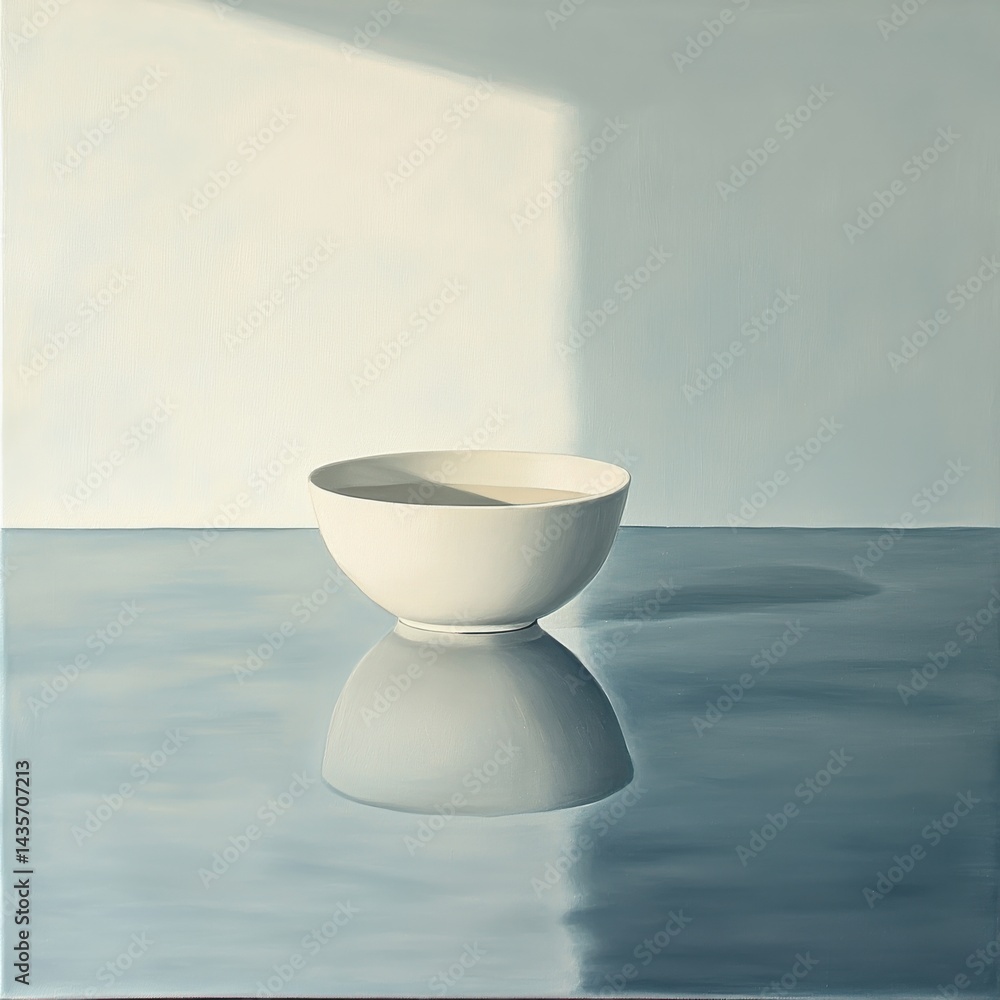 Poster minimalist still life: a white bowl sits on a reflective surface, bathed in soft light, creating a s