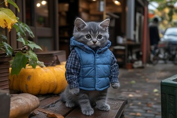 Cute kitten in a vest in a street market