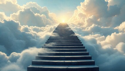 Stairway to Heaven: A serene scene unfolds with a majestic stairway ascending towards the bright, radiating sun, surrounded by a sea of fluffy clouds, creating a sense of wonder and aspiration.