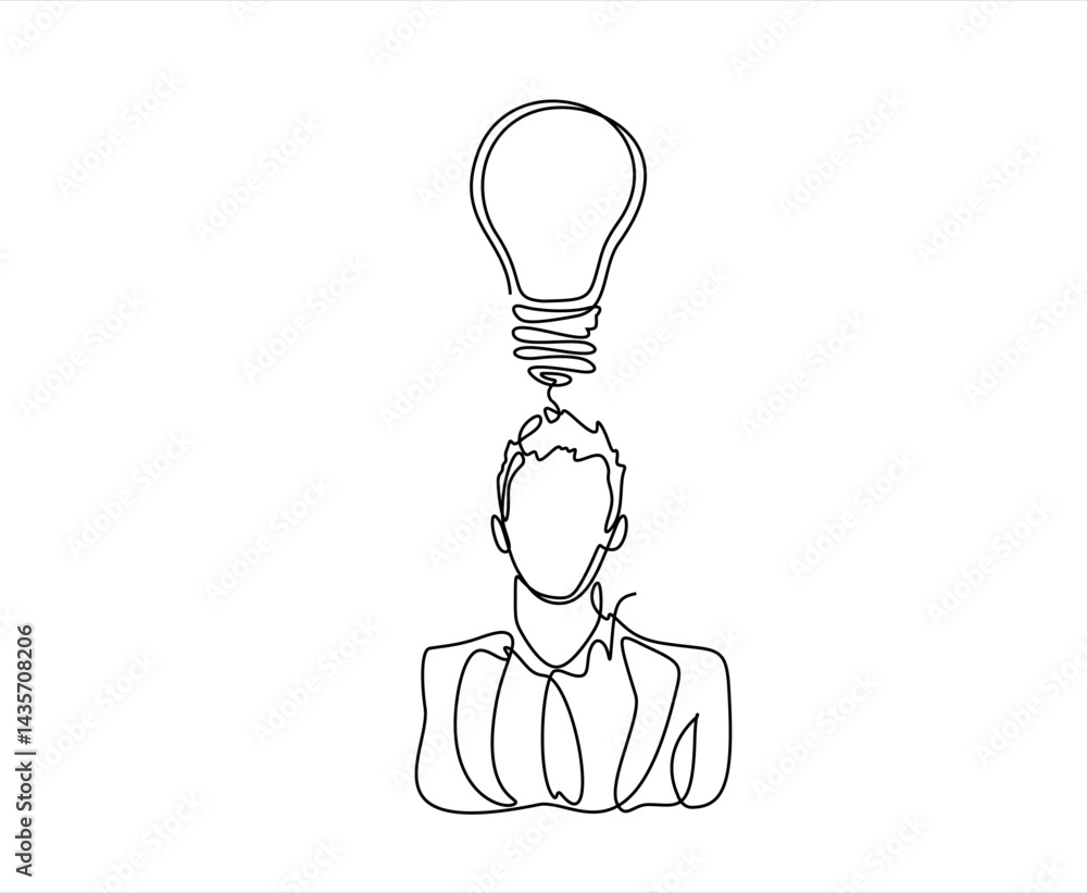 Poster continuous single line sketch drawing of thinking man and brain bulb idea. one line art of business 