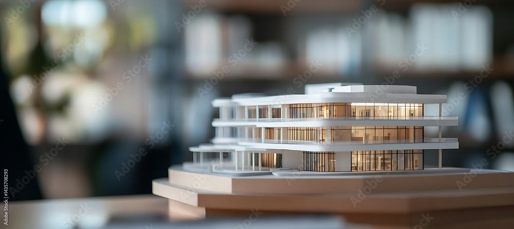 Poster close-up shot of a high-quality central library building model on a professional office desk with br